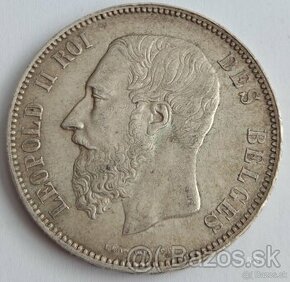 Stříbrná mince 5 Frank 1875 Leopold II. Belgie