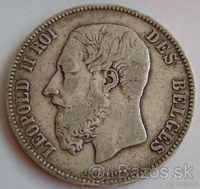 Stříbrná mince 5 Frank 1870 Leopold II. Belgie