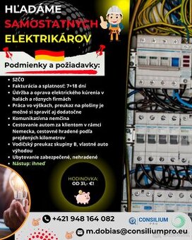 Hľadáme elektrikárov. Nástup: Ihneď.