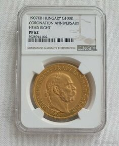 Zlatá uhorská 100 koruna FJI, 1907 kb, "korunovačná", PF62 - 1