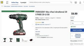 PARKSIDE® Aku vrtacka skrutkovač 20 V PABS 20-Li G8 - 1