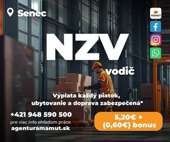 Vodič NZV Senec, každý piatok výplata + ubytovanie + doprava