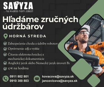 Hľadáme zručných údržbárov 17€ na hodinu