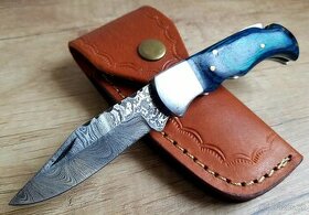 nový modrý Damaškový nôž ručně vyrobeno + kožené pouzdro - 1