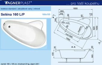 Akrylátová Offsetová rohová vaňa Vagnerplast Seléna 160 L