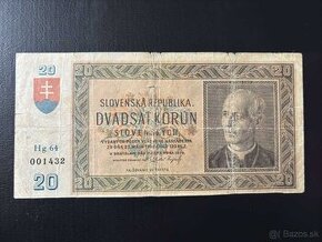 ►►►20 Slovenských korún r. 1939 Hg 64 Neperforovaná◄◄◄