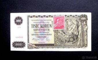 1000 korun 1940 neperforovana serie 2T4.SUPER CISLO 444944  - 1