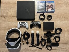 PS4 slim 500GB+2x ovladač+VR+komplet kabeláž+dve hry na VR