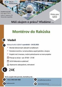 Práca pre dvoch montérov do Rakúska - Viedeň