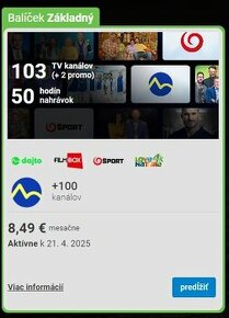 Zakladny balik SledovanieTV na 6 mesiacov - v hodnote 51eur