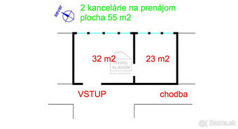 Kancelárske priestory, 2 spojené miestnosti, plocha 55 m2.