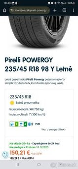 PIRELLI powergy 235/45 r18 DOT 11/2023, letne 2+2 pneu