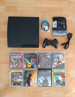 Playstation 3,komplet káble, 8hier a ovládač (500gb hdd)