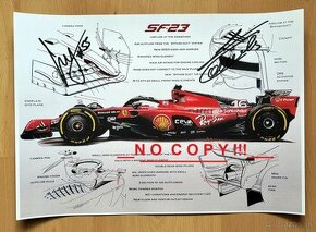 Technický výkres SF-23 Ferrari F1 autogram Leclerc a Sainz