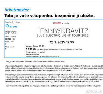 predám 2 vstupenky na sedenie  Lenny Kravitz , Praha 12.3.