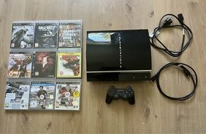 PS3 FAT 111GB + nový ovládač , komplet kabeláž a hry