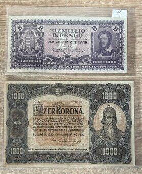 Bankovky Maďarsko 1000 Korona 1920 a 10 Mil B Pengo UNC