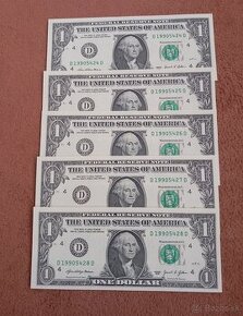 Predám bankovky 1 dolar USD, USA, 5 čísel po sebe, UNC - 1