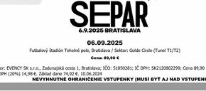 Vstupenka Separ 6.9.2025 Bratislava Tehelné pole