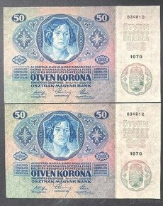 Bankovky 50 Kronen 1914 bez pretlače UNC 2x čísla po sebe