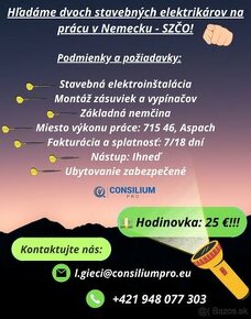 Hľadáme dvoch stavebných elektrikárov - Nemecko.