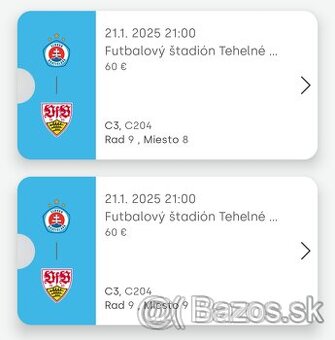 2 vstupenky na ŠK Slovan Bratislava - VfB Stuttgart