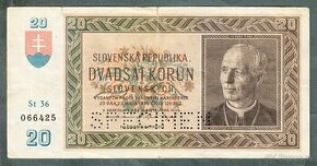 Staré bankovky Slovensko 20 sk 1939 pěkný stav