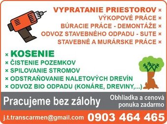 Ponúkam kosenie čistenie pozemkov ručné Výkopové práce