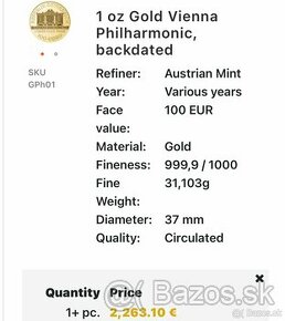 Zlatá investičná minca Philharmonic 2016 1oz - 1