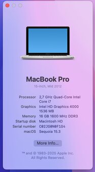 PREDÁM Apple MacBook Pro 15.4” 2.7 GHz CTO Mid 2012