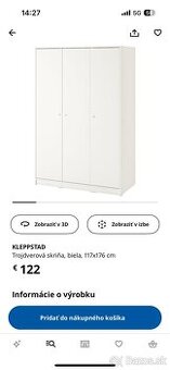 Predám šatníkovú skriňu IKEA Klepstad