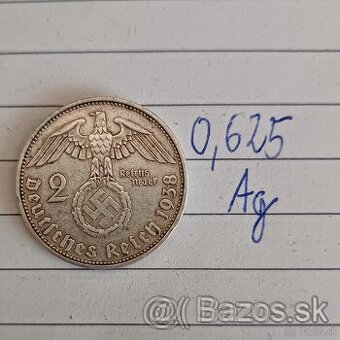 2 Reichmark Tretia Ríša 1938 A. Strieborná minca