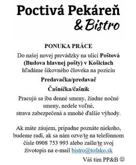 Predavačka/Predavač, Čašník/Čašníčka  - Košice