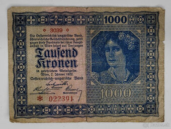 Predam bankovku 1000 kronen, rok 1922