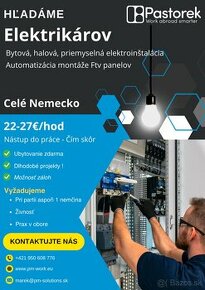 Elektrikári Nemecko 25eur/hod + ubytovanie zdarma