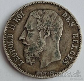 Stříbrná mince 5 Frank 1868 Leopold II. Belgie