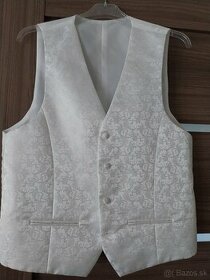 Svadobná biela vzorovaná vesta s kravatou a vreckovkou do sa - 1