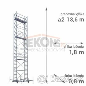 Pojazdné lešenia až do 13,6m výšky. 0,8x1,8m, alebo 1,5x2,8m