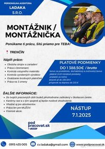 Montážnik s nástupom od 7.1.2025 . Mzda do 1 388,5€