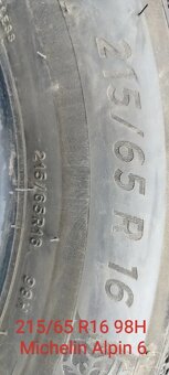 Predám 1 zimnú pneumatiku 215/65 R16 98H Michelin Alpin6 - 2