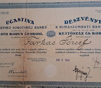 Účastnina Rimavsko Sobotskej banky 1924 - 2