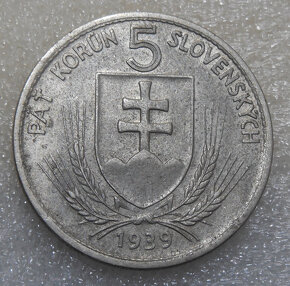 Mince 5 Koruna 1939 Var. Top stav Slovenský štát Rezervované - 2