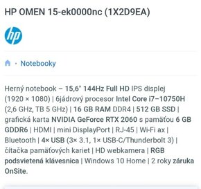 Herný notebook, i7-10750H, 16gb ram, RTX 2060, 500gb - 2