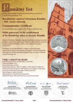 10€ minca a pamätný list Benediktínske opátstvo 950. výročie - 2