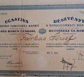 Účastnina Rimavsko Sobotskej banky 1924 - 2