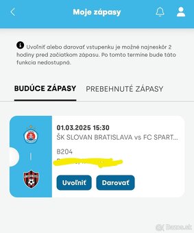 2 vstupenky Slovan Bratislava - Spartak TT - TRIBUNA B - 2