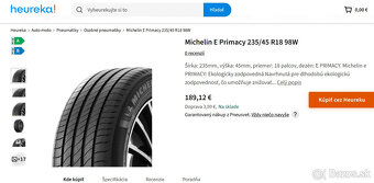 Letné Michelin 235/45 R18 E PRIMACY 98W XL FR DOT1424 nové - 2