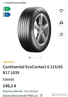 215/65 R17 Continental EcoContact_6 nové najazdené do 400 km - 2