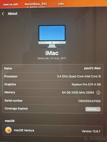 27 " Imac 5K retina 3,4ghz 4 core i5, 64 RAM , 4tb SSD - 2