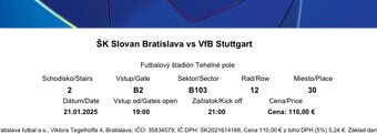 2 x lístok vedla seba ŠK SLOVAN Bratislava vs. VfB Stuttgart - 2